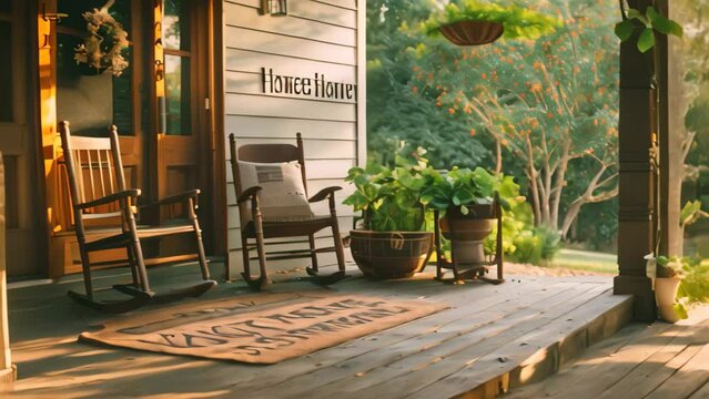 A porch featuring two rocking chairs and a welcome sign, A front porch with rocking chairs and a welcome mat that says Home Sweet Home