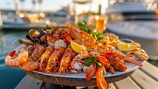 A mouthwatering seafood platter bursting with flavors of the ocean set upon a serene dock with boats sailing in the distance.
