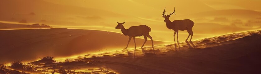 Naklejka premium Silhouettes of deer walking on a sand dune at sunset, bathed in golden light, captured against a stunning desert landscape.