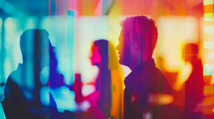 Silhouettes of people in a colorful, abstract environment, representing communication and collaboration in a modern, vibrant workplace.