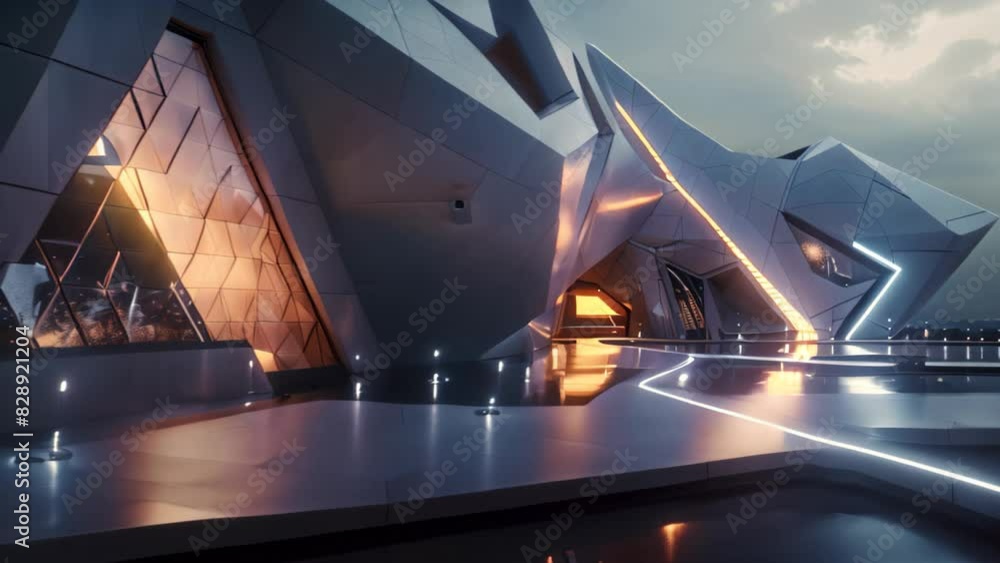 Poster a modern, geometrically designed building with a pool in front, a futuristic building with unique ge