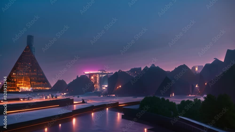 Poster a building adorned with numerous bright lights creating a striking visual display at nighttime, a fu