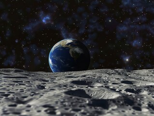 Image taken from the Moon's surface, featuring view of Earth rising over the horizon. The vibrant blues, greens, and whites of Earth contrast beautifully with the Moon's grey, cratered landscape