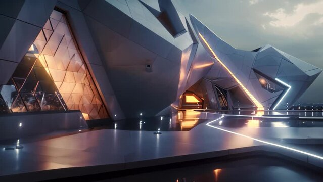 A modern, geometrically designed building with a pool in front, A futuristic building with unique geometric shapes and LED lighting