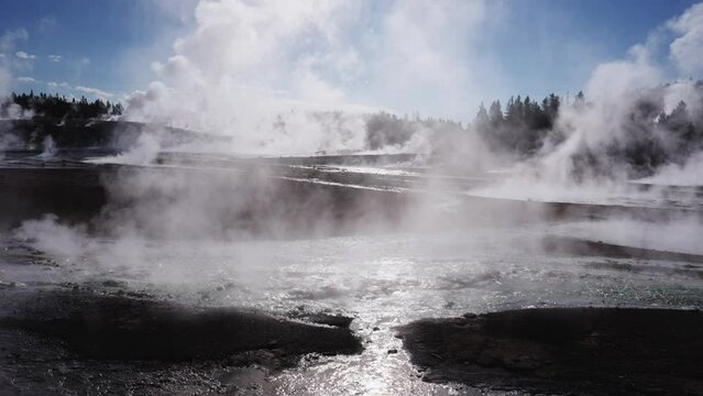 Steam Over Yellowstone Geothermal Area on August 27, 2023 in USA
