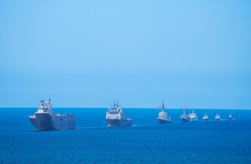 Fleet of the Spanish Navy with the aircraft carrier Juan Carlos I in the foreground in the bay of...