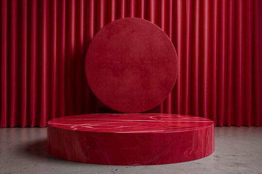 Vibrant product podium in Fiesta and Jester Red, sleek minimalist design with emphasis on rule of thirds for compelling advertisement photography.