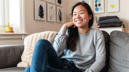 Obraz premium Relaxed smiling asian woman sitting on sofa at home.
