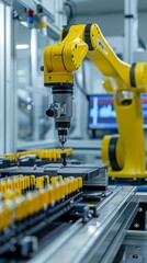 A robotic arm is meticulously working on a machine in a busy factory setting