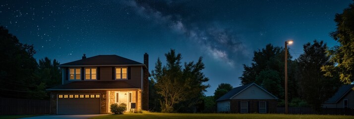 Obraz premium Tranquil night scene of a suburban house with a lit porch and the Milky Way galaxy visible in the sky