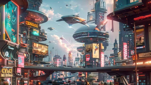 A futuristic city with neon lights and signs, showcasing flying cars and holographic displays, A futuristic cityscape with flying cars and holographic billboards