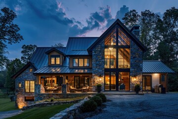 photograph of modern luxury country house with stone and timber cladding, glass front door at night, two story barn style, full