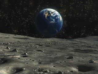 View from the Moon's surface with Earth rising over the horizon. The Earth is colored in blues, greens, and whites, contrasting the grey, cratered lunar surface