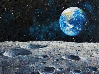 View from the Moon's surface with Earth rising over the horizon. The Earth is colored in blues, greens, and whites, contrasting the grey, cratered lunar surface