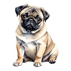 Obraz premium Pug Dog Puppy Hand Drawn Watercolor Painting Illustration