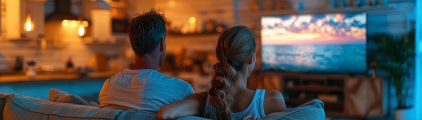 Couple Watching TV in a Cozy, Modern Living Room with Ambient Lighting