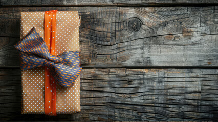 Top view of a gift present box on a wooden background for father's day