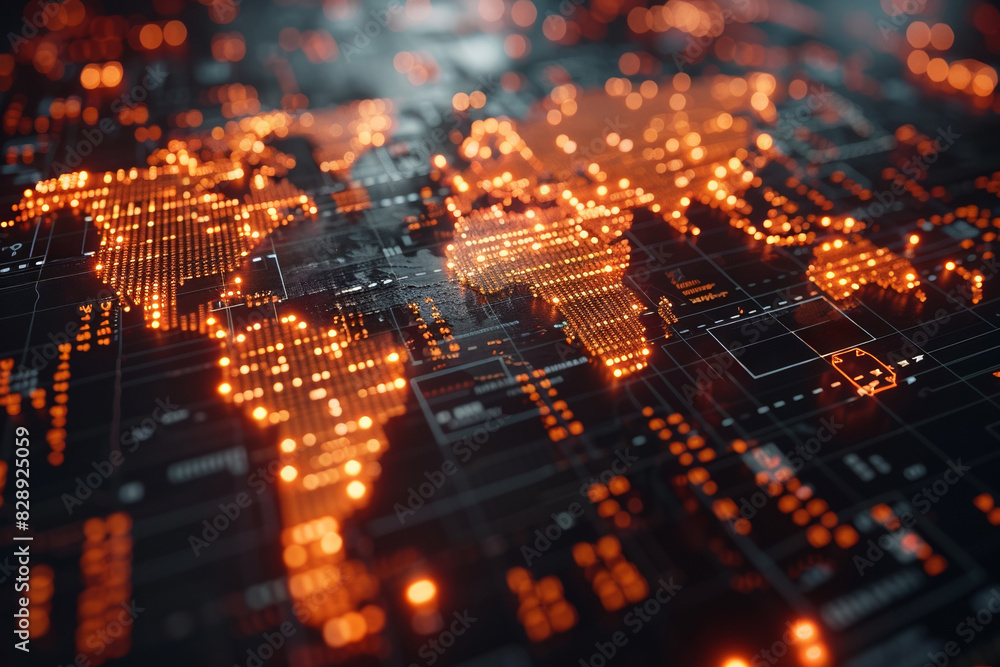 Poster an illuminated printed circuit board represents hardware and digital communication technology.