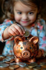 A cute caucasian girl putting coins into a piggy bank, learning about finance and saving.