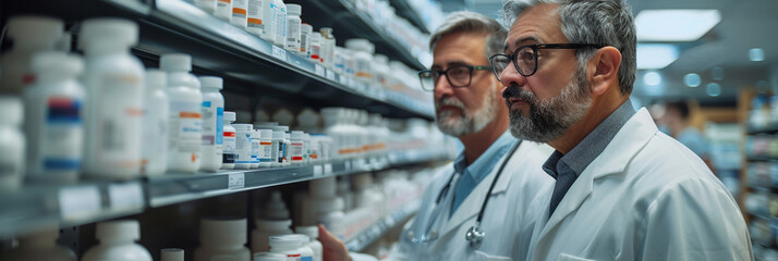 Fototapeta premium In a pharmacy, a doctor discusses a prescription with a pharmacist, offering professional advice.