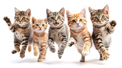 Set Of Cats Jumping Happily, Isolated On White Background, Cat Jump
