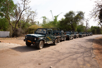 PANNA, INDIA-MAY 04: Tourist Safari jeeps waiting in line near main gate of Panna Tiger Reserve, Madhya Pradesh, India on May 04, 2024