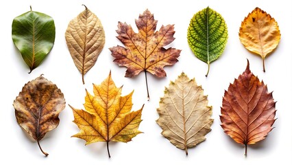 Set of Old Rustic Leaves On White Background,  Antique Leaves 

