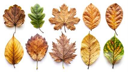Set of Old Rustic Leaves On White Background,  Antique Leaves 


