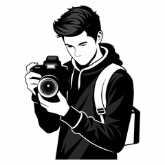 a high-resolution vector silhouette image of a realistic young photographer in a standing pose, holding a DSLR Camera