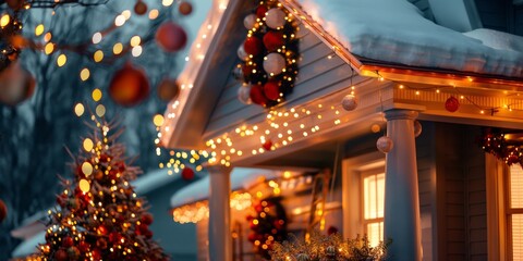 A beautifully decorated home with festive Christmas lights and ornaments, with fresh snow adding to the holiday spirit