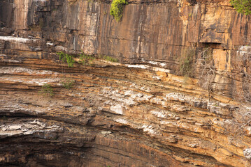 A vertical cliff and banding of rocks at a vutlure point at Panna Tiger Reserve, Madhya pradesh, India. The white color on the rocks are the vulture droppings.