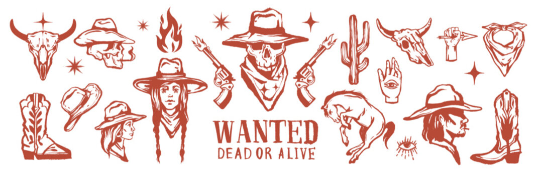Wild West icon set, Texas cowboy vector grunge tattoo, boho hand drawn American engraving sticker. Vintage linocut western print kit, doodle cowgirl portrait, boots, gun, skull. Wild West collection