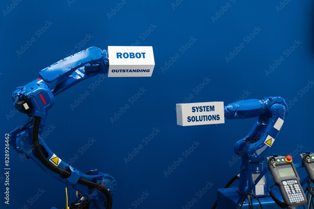 Poster robot arms on a blue background. smart industry concept..