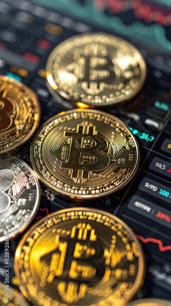 Poster stack of bitcoins resting on top of a keyboard