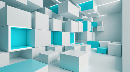 blue and white boxes concept art, abstract art