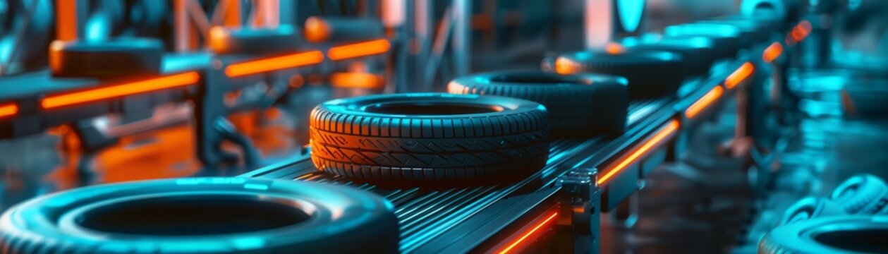 Low angle of Automated conveyor belt sorting tires, in a tire manufacturing factory.