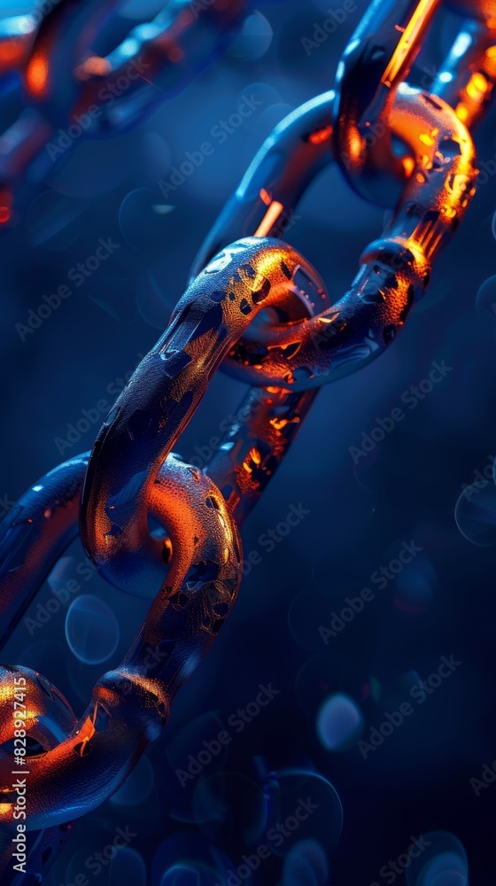 Poster detailed view of a block chain in blue with a blurred background, highlighting the intricate links a