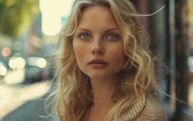 Fototapeta premium A blonde woman stands in front of a window in the city, with a shallow depth of field
