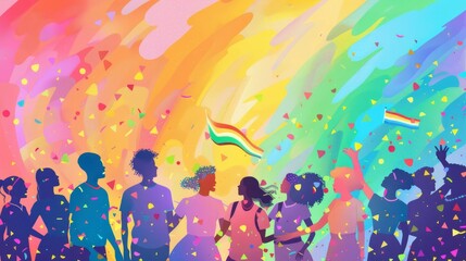 Create an illustration celebrating LGBTQ+ Pride Month with vibrant rainbow colors.