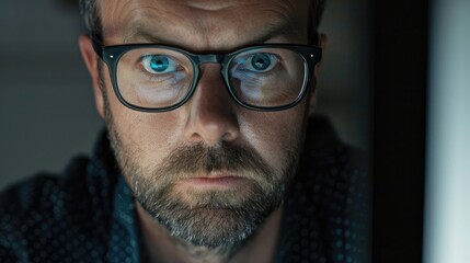 Portrait of a man with glasses in front of a computer monitor.