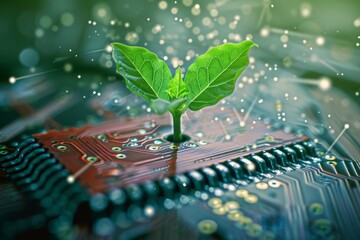 Green sprout grows from computer chip.