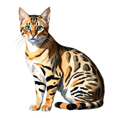 Bengal Cat Sitting Hand Drawn Watercolor Painting Illustration
