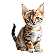 Bengal Cat Kitten Sitting Hand Drawn Watercolor Painting Illustration