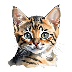 Obraz premium Bengal Cat Kitten Portrait Hand Drawn Watercolor Painting Illustration