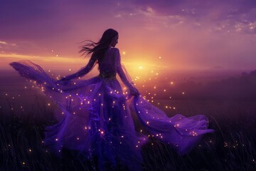 Woman in a transparent purple dress with golden stars dancing against pink foggy sky and sun