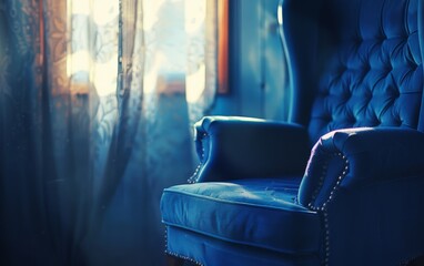A blue chair is positioned in front of a window, illuminated by the evening light