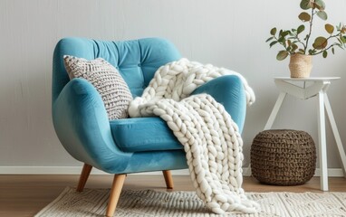 A blue armchair topped with a white fluffy blanket
