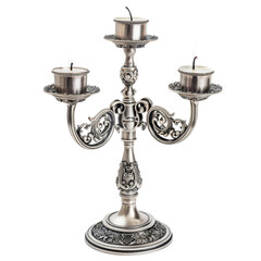 Fototapeta premium Ornate Silver Three-Arm Candelabra Isolated Without Background