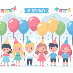 kids party invitation. illustration of children with colorful balloons. kids at birthday party