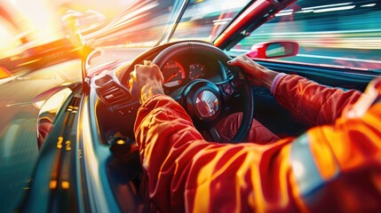 Professional racing car driver driving surrounded with panel while holding car steering wheel with blurring background. Hand on the wheel and driving high speed. First person point of view